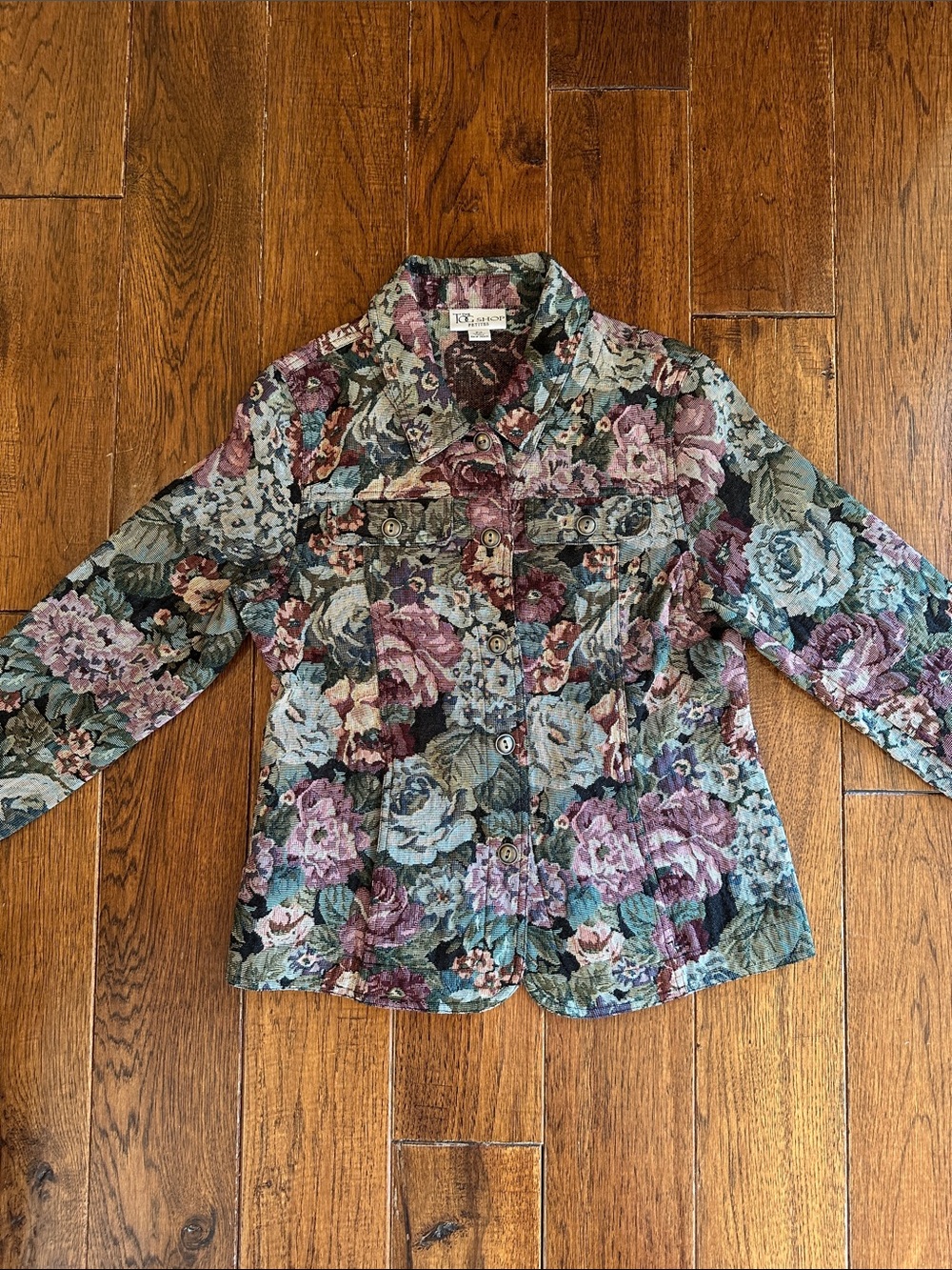 The Tog Shop Floral Jean Jacket in Green, Pink, Blue and Cream